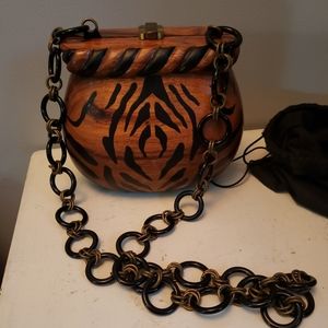 Timmy Woods of Beverly Hills Rare Hand Carved Tiger Striped Wooden Purse
